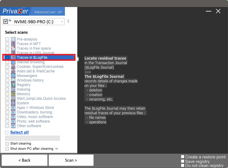 PrivaZer 選擇掃描中的 $LogFile 痕跡