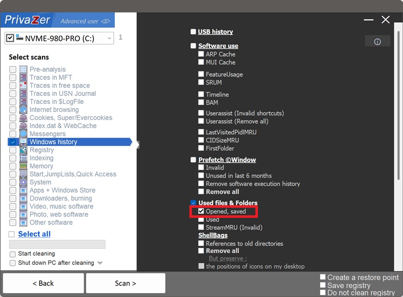 PrivaZer 掃描選項中的 OpenSaveMRU 項