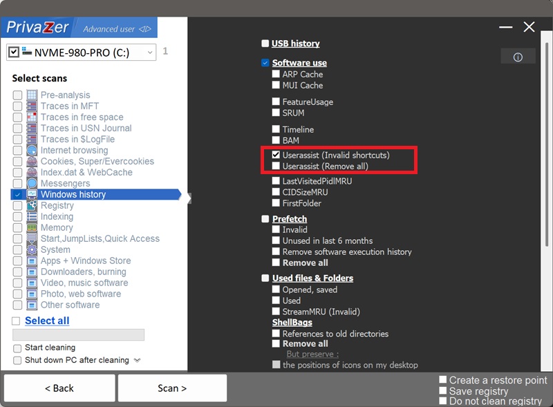 PrivaZer 的 UserAssist 清理選項