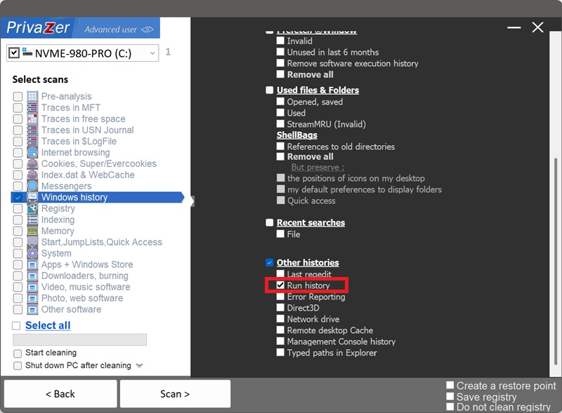 PrivaZer 掃描選項中的 RunMRU
